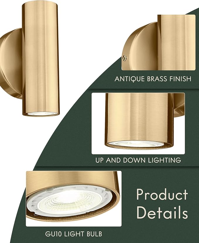 2-Light Wall Light, Brass Gold Wall Sconce, Indoor Up and Down Wall Lamp for Bedroom Bathroom Stair Entryway (1 Pack), WL4830-2W-BB