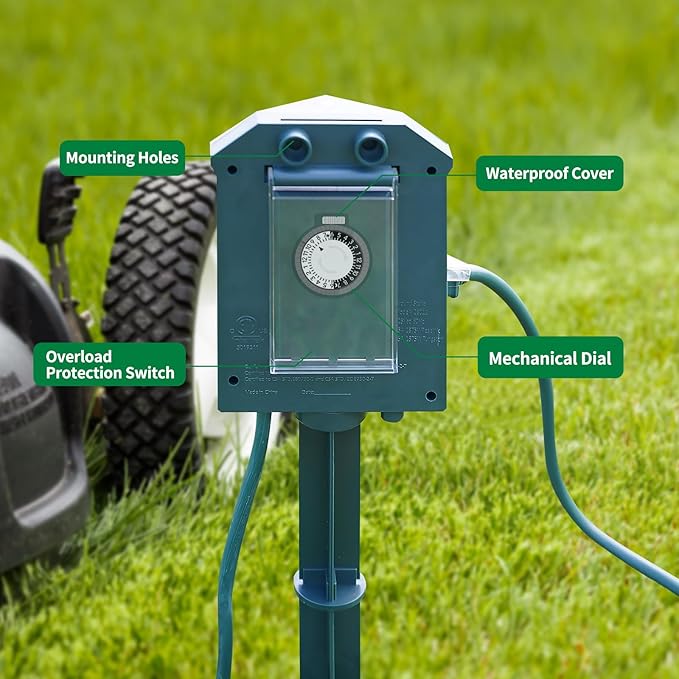 Flexora Outdoor Power Strip with 24-Hour Mechanical Timer, 25 FT Extension Cord Waterproof, 6 Grounded Outlets for Graden and Yard Decorations, ETL Listed (25 FT)