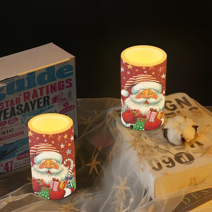 Red LED Candles with Remote Flickering Flameless Candles Santa Claus Stars Battery Operated Fake Pillar Candles Christmas Decorations for Bedroom Living Room Dining Room Table Decor