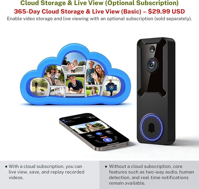 1080P Wireless Wi-Fi Video Doorbell Camera, Dome Home Security, Night Vision, Two-Way Audio, Cloud Storage, Smart AI Motion Detection, Live View, Battery Powered, Indoor Outdoor Surveillance