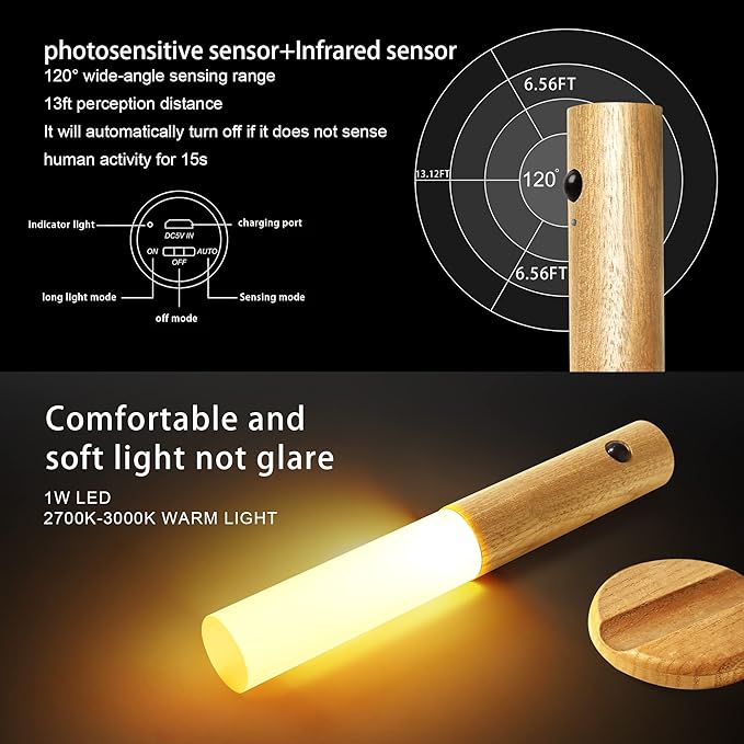 Wooden LED Night Lights Motion Sensor Indoor Magnet Body Rechargeable Wall Mounted Torch Light for Bedroom, Hallway, Stairway and More(White Ash Wood 2PCS)