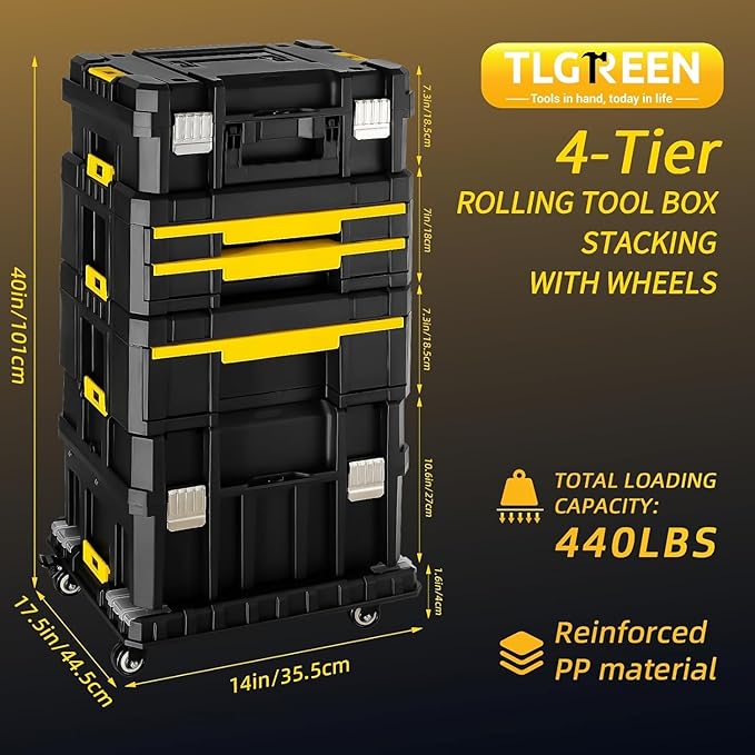 TLGREEN Rolling Tool Box with Wheels, Stackable Design – 4-in-1 Modular Tool Box Organizer, Portable Tool Box with Drawers for Garage Storage, Home Repairs & Workshop Use