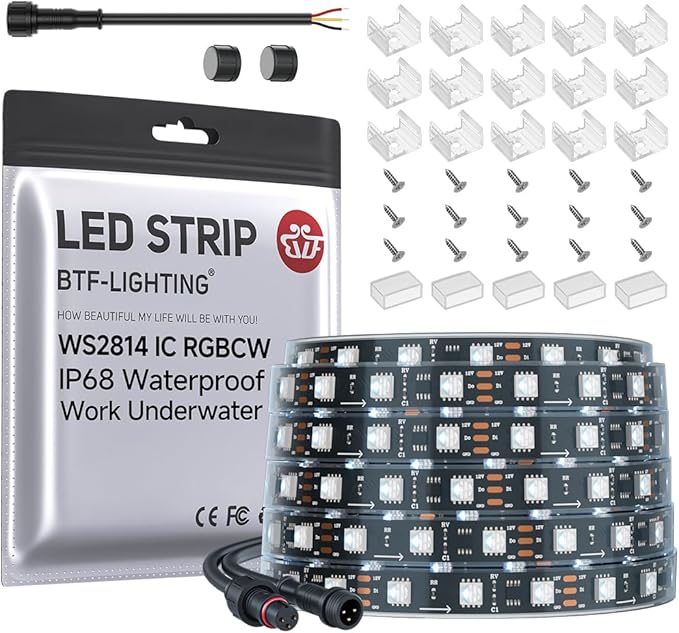 BTF-LIGHTING IP68 Waterproof Outdoor WS2814 RGBW IC LED Strip RGB+Cool White(6000K) Addressable Dream Color 5050SMD Light DC12V 16.4ft 60LEDs/m 20Pixels/m Can Work Outdoor(No Adapter or Controller)