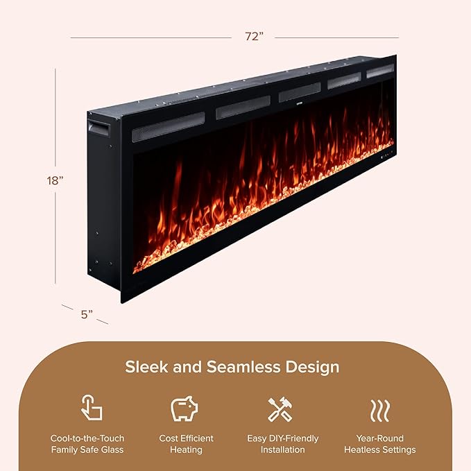 Modern Ember Vibrance 72 Inch Smart Linear Electric Fireplace Insert - Recessed or Wall-Mount, LED Multi-Flame Colors, Alexa/WiFi Enabled - Remote Included - Crystals