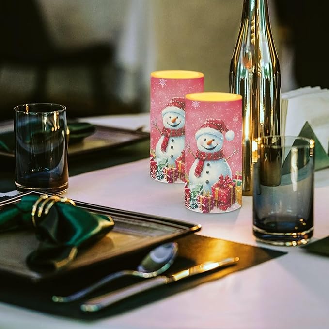 Flameless Pillar Candles Christmas Decorations Snowman Pink Snowflake Flameless Candles with 18-Key Remote Timer for Home Bedroom Living Room Dining Room Table Decorations Set of 2