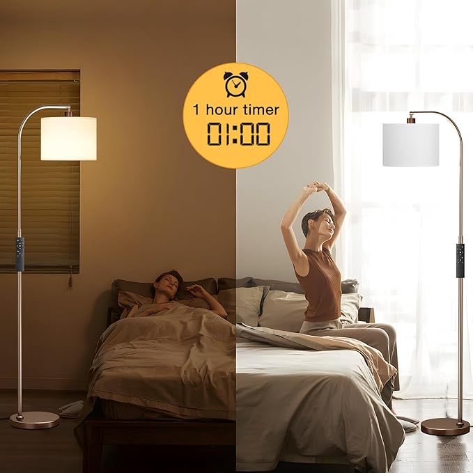 Ambimall Arc Floor Lamp with Remote and Stepless Dimmable Bulb, Colors Temperature & Brightness Adjustable, Floor Lamps for Living Room（White Shade & Brown Pole）