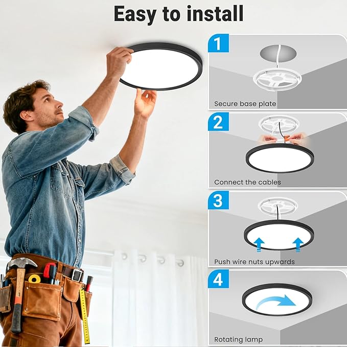 8 Pack LED Flush Mount Ceiling Light,7Inch 15W,3000K/3500K/4000K/5000K/6500K 5 Color Temperatures Ceiling Light Fixture for Kitchen Porch Hallway Bedroom Bathroom and Closet,Black