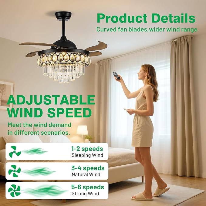 Lightree 42 Inch Black Fandelier Ceiling Fan with App Remote Control and Bluetooth Speaker,RGB LED Light Retractable Smart Ceiling Fan 6 Speed Timer Bluetooth Chandelier Fan for Bedroom Living Room