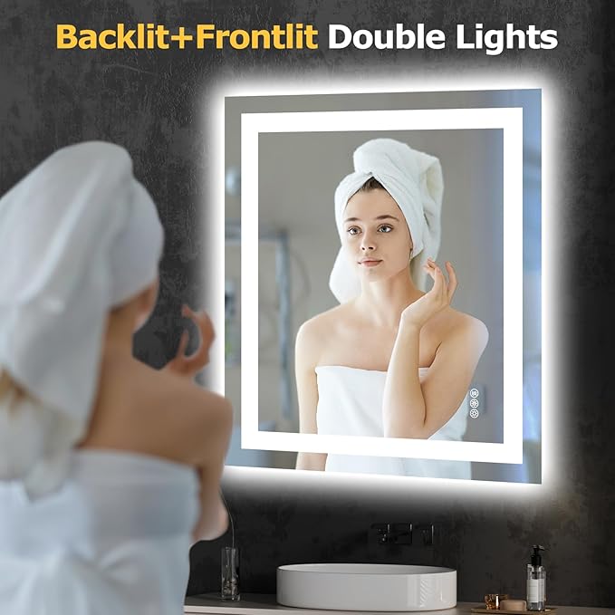 28X32 LED Bathroom Mirror with Lights, Anti-Fog, Dimmable, Backlit + Front Lit, Smart Bathroom Vanity Mirror, Memory Function, Shatterproof, Tempered Glass (Horizontal/Vertical)