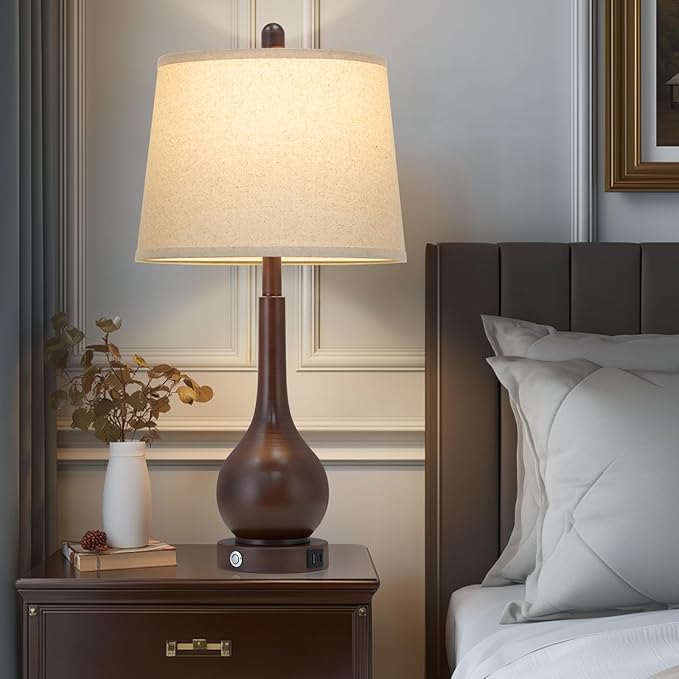 26" Brown Table Lamps Set of 2, Touch Control Bedside Lamps for Bedroom Nightstand, 3-Way Dimmable Farmhouse Lamp for Living Room with Charging Port (2 LED Bulbs Included)
