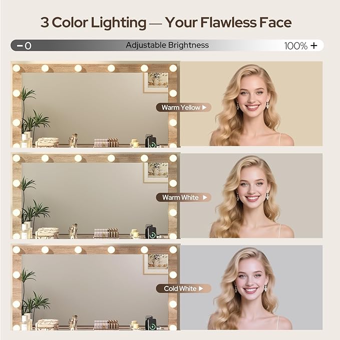 47" Fluted Makeup Vanity Desk w/Large 42" Mirror & Ajustable LED Lights, Large 7 Drawers Vanity Table w/Glass Top&Charging Station, Makeup Dressing Table for Women&Girls, Bedroom or Dorm, Oak