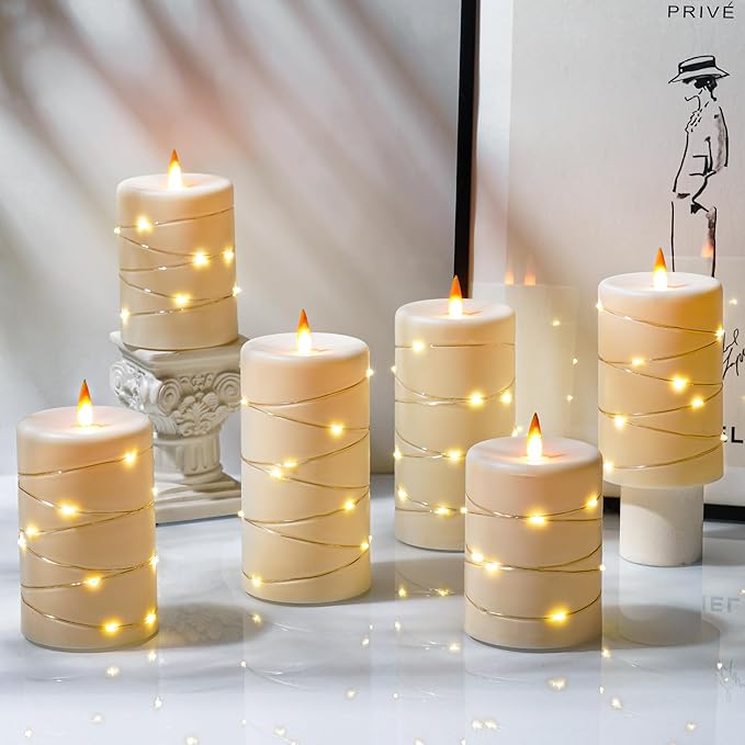 Upinmz Flickering Flameless Candles with String Lights, Battery Operated Candle, LED Candles Unbreakable Acrylic Candles with Remote Control and Timer -3 Pack Ivory White