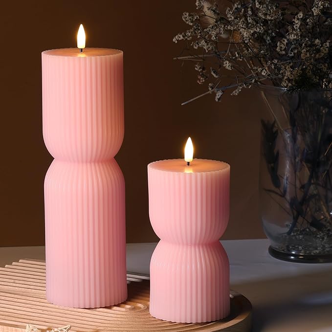 Pink Ribbed Flameless Pillar Candles with Remote, Flickering LED Candles Battery Operated Real Wax Set of 2