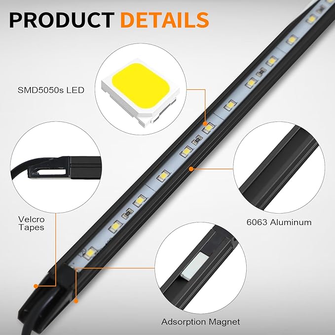 12V LED Interior Light Bar Kit Dimmable IP67 Waterproof Camping String Lights, 4 Bars White Aluminum Magnetic Mount Exterior Lights for RV, Camping Tent,Car