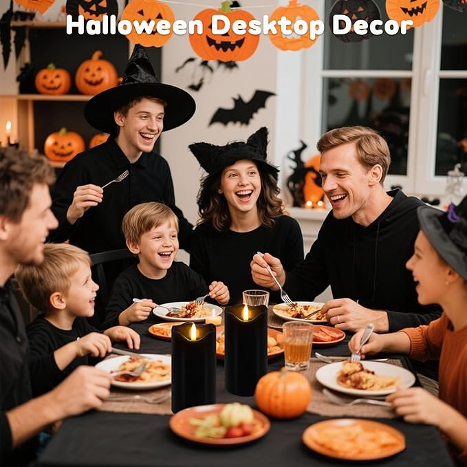 Black Flameless Candles, Set of 2 6"x3" Flickering LED Candles with Remote & Timer, Dimmable Real Wax Electric Pillar Candles Battery Operated, Flameless Candles Light for Home Halloween Decor (Black)