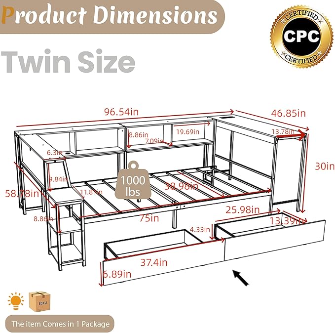 Twin Corner Bed Frame with Desk, LED Lights & Charging Ports, L-Shaped Daybed with Storage Drawers, Bookcase & Open Shelves, Modern Twin Size Daybed for Kids, Teens & Compact Bedrooms,Black