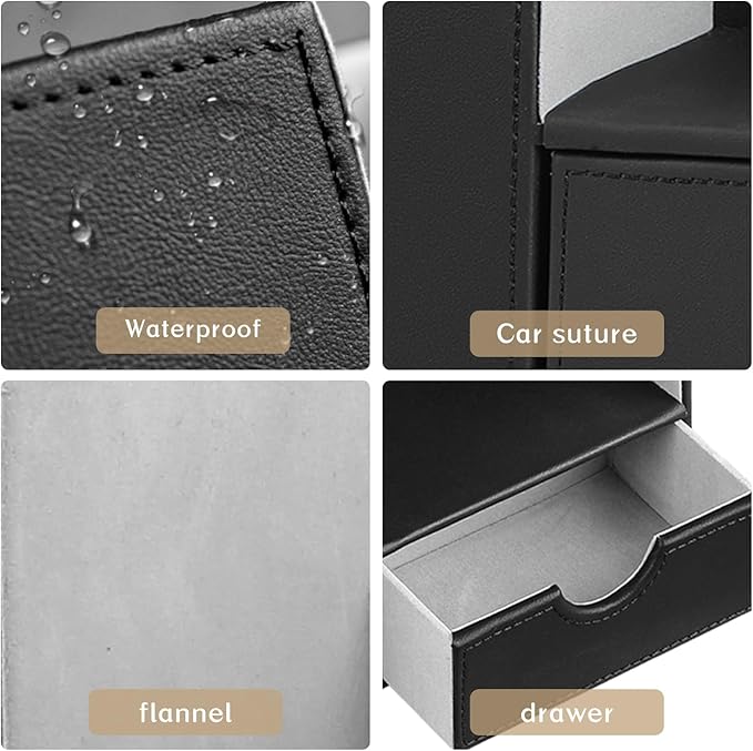 Leather Nightstand Organizer with Tissue Holder,Square Tissue Box Cover with Organizer, Decorative Modern Facial Paper Storage Box for Bathroom Living Room Vanity Table Countertop Office Black