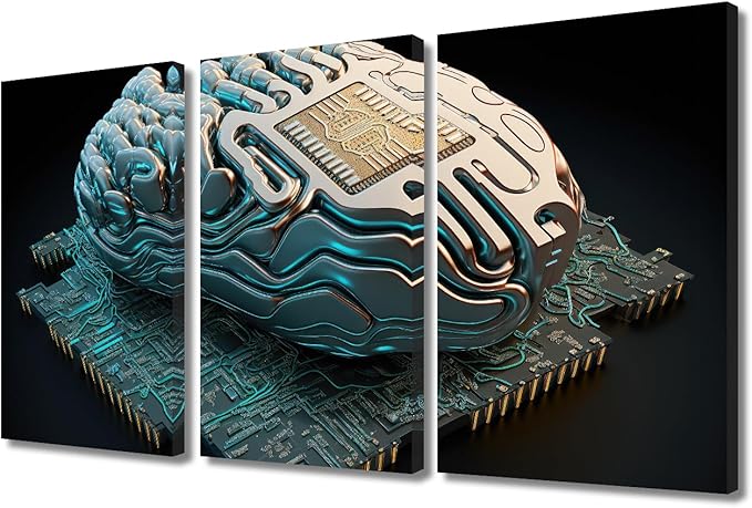 TUMOVO Modern Decor Brain and Computer Chip Pictures AI Posters and Prints 3 Panel AI Canvas Wall Art for Living Room House Decoration Giclee Ready to Hang Gallery-Wrapped, 36" Wx24 H