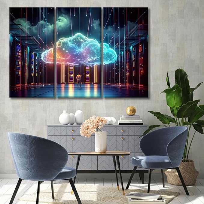 3 Panels Modern Wall Art Cyber Security, Cloud Managed, Circuit Board Canvas Prints Art AI Art for Living Room Bedroom Decorations, Technological Artwork Wooden Framed Ready to Hang, 20x40inchx3