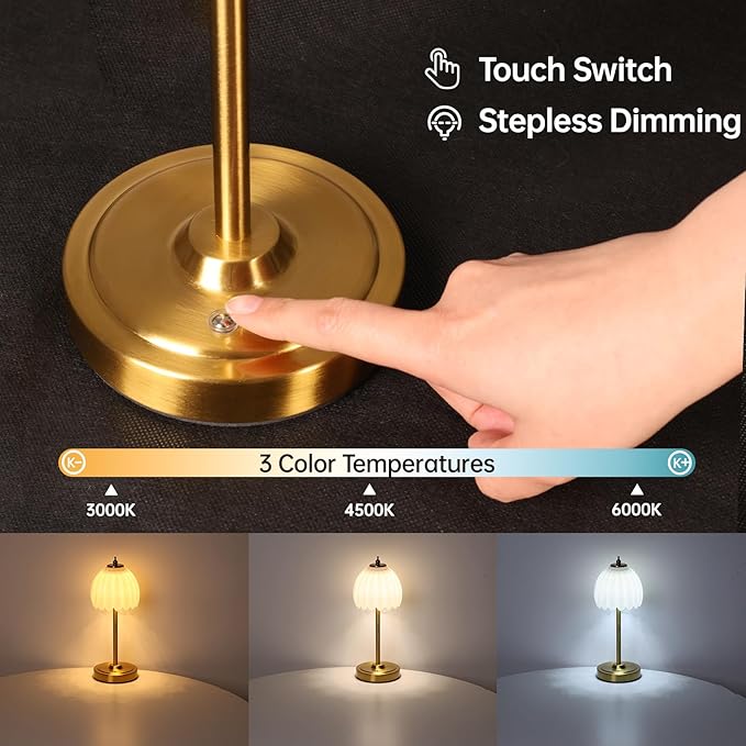Tulip Table Lamp with 5000mAh Battery & Touch Control, Cordless Table Lamp with 3 Colors, Dimmable Rechargeable Table Lamps for Bedroom, Nightstands, Living Room, Entryways (White Tulip)