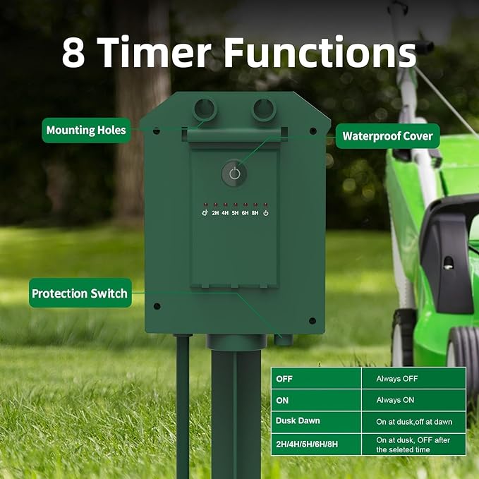Outdoor Power Stake Timer, Remote Control Dusk to Dawn Light Timer, 100 FT Extension Cord Waterproof, 6 Grounded Outlets for Graden and Yard Decorations, ETL Listed
