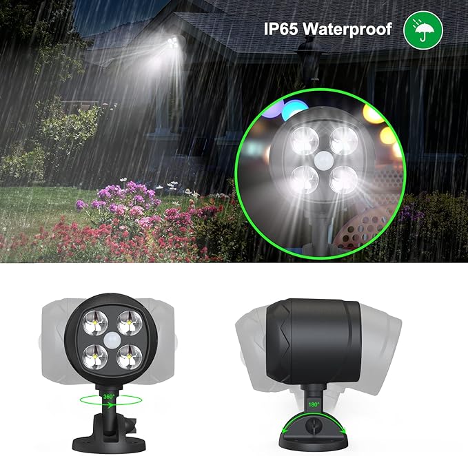 Motion Sensor Outdoor Lights, Battery Operated Outdoor Light, 600LM Motion Detector Lights for Outside, 6000K LED Security Light Battery Powered Spotlight for House Wall, Black(2 Pack)
