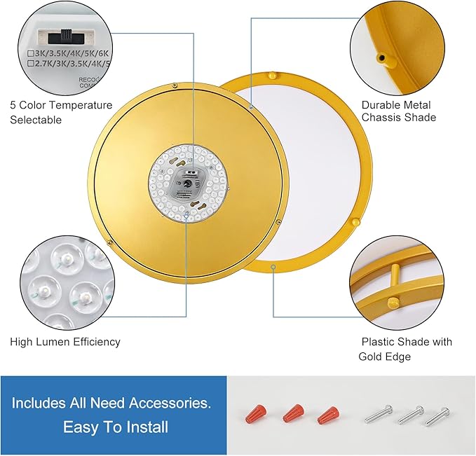 DLLT Flush Mount LED Ceiling Light: 10 Inch 5CCT (3000K-6000K) & Dimmable Ceiling Light Fixtures for Bedroom Hallway - 18W Modern Gold 1600LM Super Bright Kitchen Lighting Fixtures Ceiling