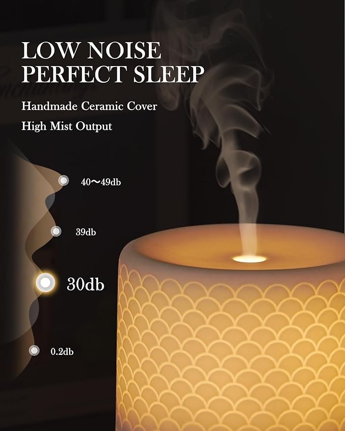 Essential Oil Diffuser -280ml Ceramic Diffuser for Large Room&Commercial Use, 2.4MHz Cool Mist Humidifier & Independent Decorative Light & Aromatherapy Diffuser, Pulse&Continuous Mist, Timer, Auto-Off