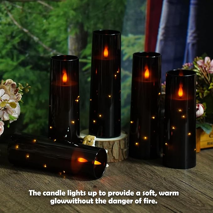 Flameless Candles with Embedded Star String - Battery Operated LED Candles, with Remote,12 Black Flickering Candles for Christmas, Weddings, Home Decor & Party,(D 2.3"×H 5" 6" 7")
