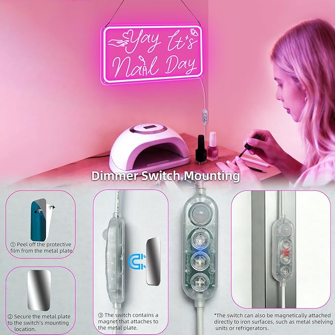 Yay It's Nail Day Neon Sign, Pink Neon Sign with 3D Carving Butterfly，Nails Neon Signs for Wall Decor, Bedroom - 3-Mode Dimmable USB Powered Salon Decor, Gifts for Nail Tech 16x8.8 Inches