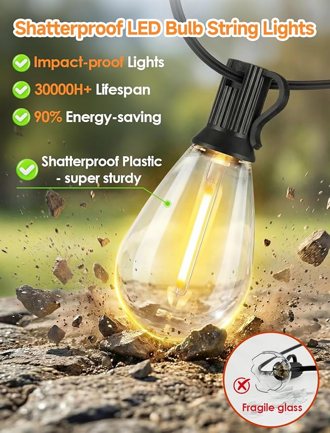 25FT LED Outdoor String Lights, 10+1 Edison S11 Dimmable Bulb Waterproof Patio Lights, Connectable Outside Hanging Strand for Backyard Garden