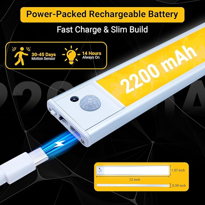 2 Pack Under Cabinet Lights 2200mAh, 65 LED Dimmable Closet Lights with 3 Adjustable Color Temperature, Rechargeable Battery Operated Motion Sensor, Under Cabinet Lighting for Kitchen,Closet (12 Inch)