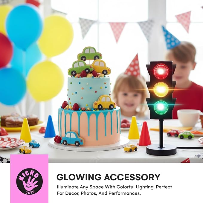 Kicko 11-Inch Traffic Lights Lamp with Base - 4-Mode Color Changing Stop Light Lamp for Kids’ Bedroom, Party Decoration or Playroom - Battery or USB Powered Mini Lighting - Ideal Traffic Light Decor