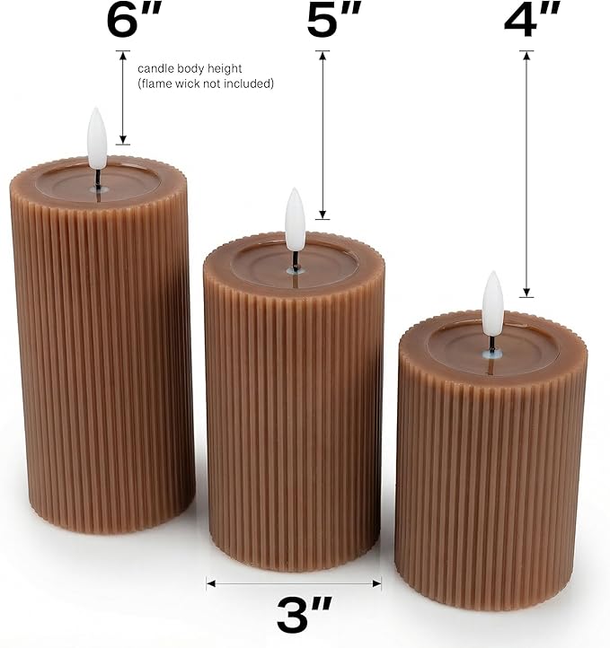 WYZworks Fluted Ribbed LED Pillar Candles, Brown, with Realistic Reflective Melted-Wax Effect – Flickering Flame, Remote, Dimmable, Flameless, Battery Operated, Home & Wedding Decor (Set of 3)