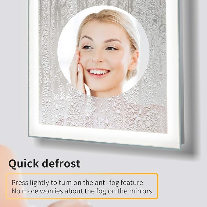 LED Bathroom Mirror Light Vanity Dimmer Anti Fog Makeup 3000K High Lumen CRI90 Warm White Lights Dimmable Memory Touch Button IP57 Waterproof Square Round