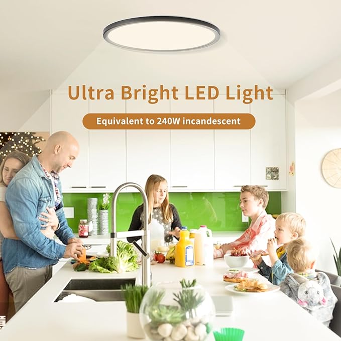 LED Flush Mount Ceiling Lights Dimmable 12Inch 3200LM 24Watt, 3000K 4500K 6000K, Low Profile Surface Mount Slim Light Fixtures Black, Thin Flat LED Panel Lights for Bedroom Bathroom Hallway, 4 Packs