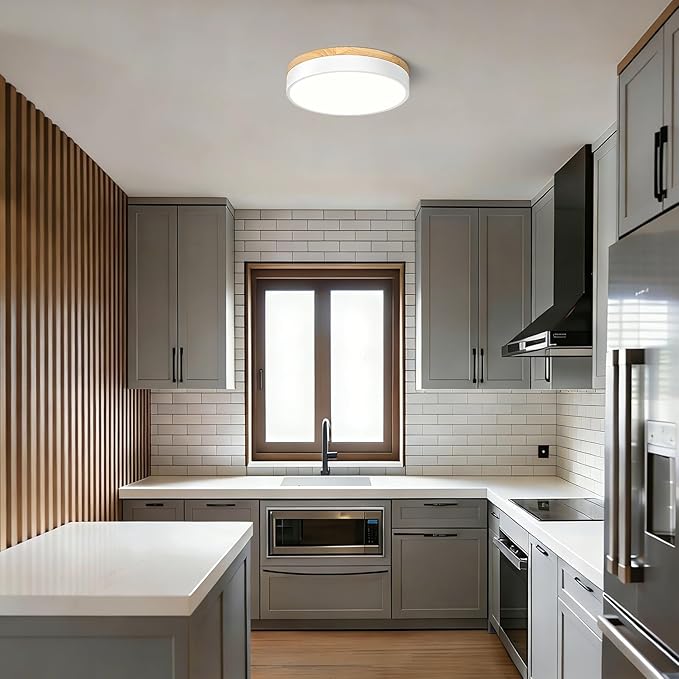 Modern Dimmable Wood Ceiling Light, White Round LED Flush Mount Ceiling Lighting Fixtures, Minimalist Ceiling Lamp for Kitchen Bedroom Laundry Room Living Room Entryway Hallway&11.81 in