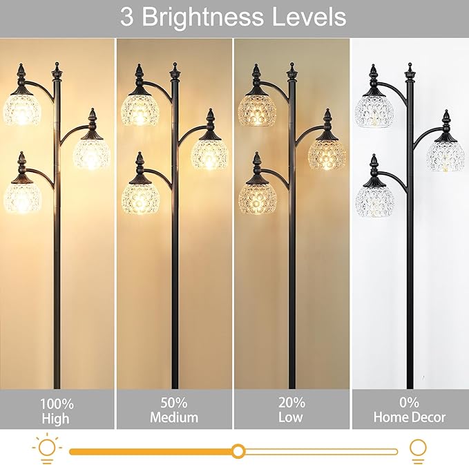 Glass Floor Lamp 66.5in Black Standing Lamps for Living Room with 3 Brightness Lights Vintage Retro Corner Lamp for Bedroom Office(3LED Bulbs Included)