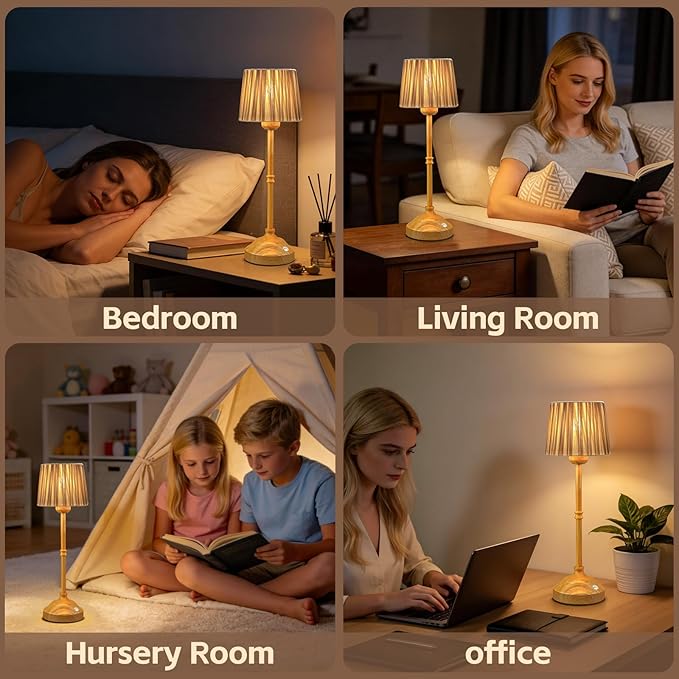 TRRMEZY 17.5" Cordless Touch Bedside Lamp for Bedroom Nightstand Nursery, Battery Operated Rechargeable, 3-Color Dimmable Night Light for Kids Room, Living Room, Desk, End Table, LED Bulb Included