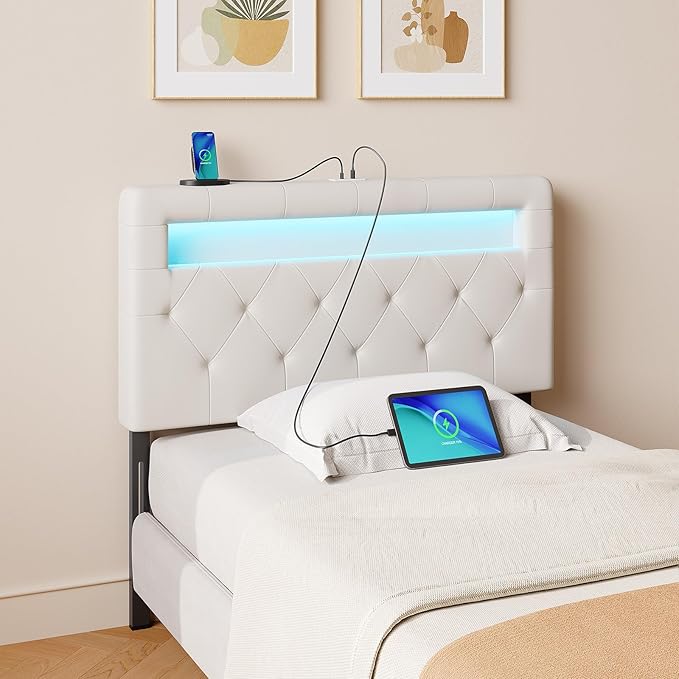 GREENSTELL Headboard for Twin Size Bed with 60,000 DIY Color of LED Light, USB & Type C Post, Upholstered, Height Adjustable, Sturdy, Easy Assembly, Wall Mounted Head Boards Only, White