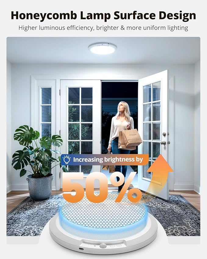 wowatt 10000mAh Rechargeable Ceiling Light with Remote, 3 Color Temperatures & Brightness Dimmable, Wireless Ceiling Light with Magnetic Design, Battery Ceiling Light for Shower Hallway Pantry