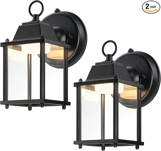 LIT-PaTH Dusk to Dawn Outdoor Wall Lantern, LED Wall Sconce, 3000K Warm White, 9.5W, 800 Lumen, Aluminum Housing Plus Glass, Outdoor Rated, 2-Pack, Black