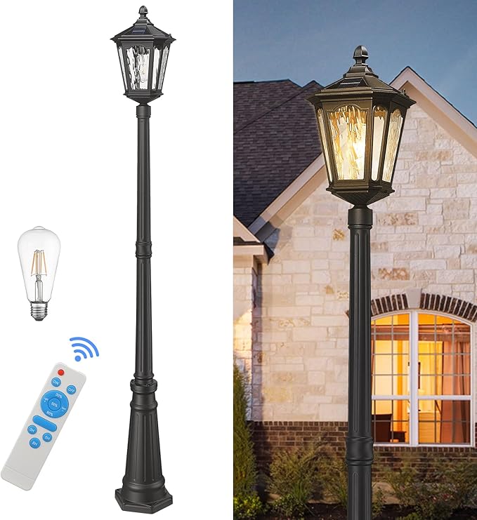 82 Inch Solar Post Street Lamp Light with Remote Control, Dusk to Dawn Waterproof LED Pole Light Exterior, Outside Pillar Lighting with Water Ripple Glass for Lawn Pathway Garden Porch Yard Patio