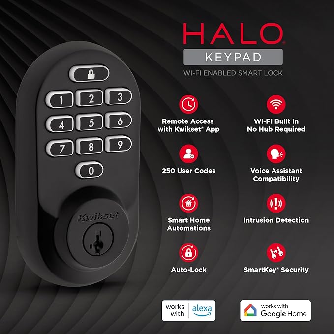 Kwikset Halo Wi-Fi Smart Lock, Keyless Entry Door Deadbolt, Geofence Auto-Unlock, Grade AAA Certified, No Hub Required Easy Install, Matte Black Lifetime Finish Warranty, Backlit Keypad