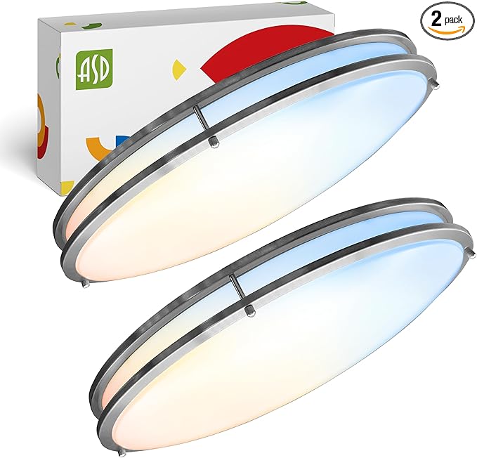 ASD LED 24" Oval Flush Mount Lighting, Close to Ceiling Light Fixture | 5CCT, Dimmable, ETL Listed | 38W 3289LM 2700-5000K 120V | Low Profile Double Ring Lamp | Nickel, 2 Pack