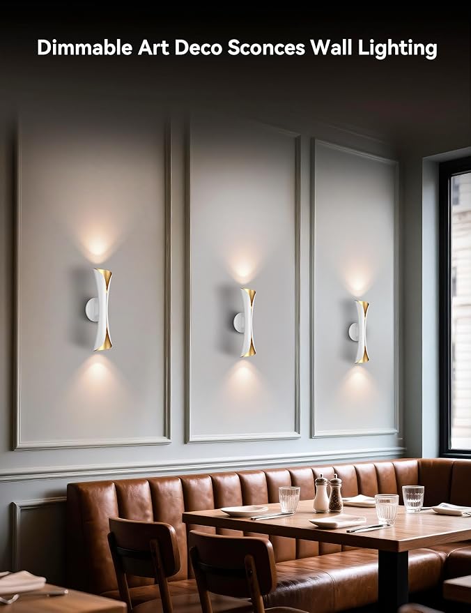Tubicen Wall Sconces Dimmable Mid Century Theater Room Sconce Lights Up and Down Hardwired Modern Indoor Elegant Wall Lights for Living Room Bedroom Hallway Stair 15.7" H White and Gold