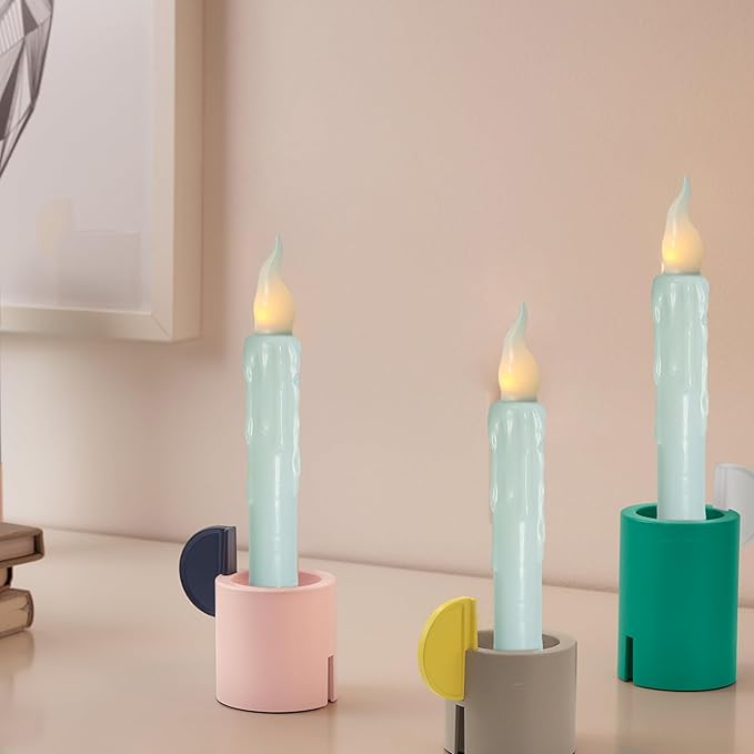 Blue Flameless Short Taper Candles, Real Wax Hand Dipped LED Battery Operated with Remote, Flickering Flame Lights for Festival Party Home Décor, 6.7 Inch Primitive Flameless Candles, 4PCS
