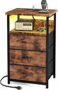 Fixwal Night Stand with Charging Station, LED Nightstand with Fabric Drawers, End Table with PU Finish, Bed Side Table, Rustic Brown