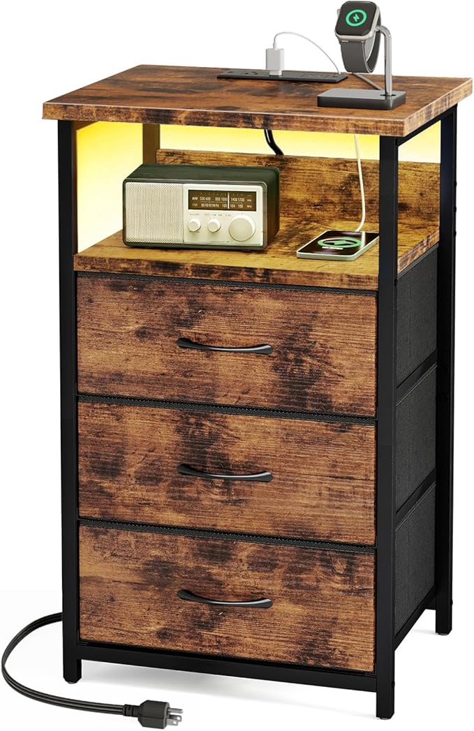 Fixwal Night Stand with Charging Station, LED Nightstand with Fabric Drawers, End Table with PU Finish, Bed Side Table, Rustic Brown