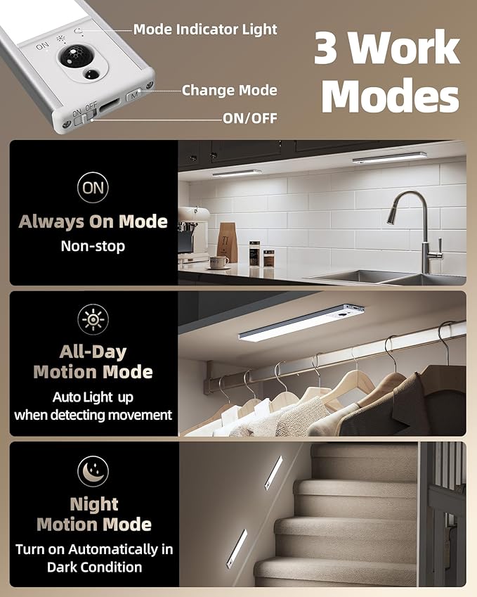 EZVALO 3-Pack Under Cabinet Lighting, 2400mAh Motion Sensor Light, LED Closet Lights Wireless, 6500K Dimmable, Timer, Magnetic, with Remote Control for Kitchen, Closet, Stair